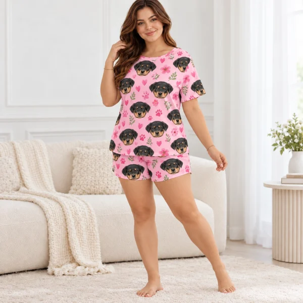 Woman posing in a pajama short set, Rottweiler puppy faces on a pink print with flowers, hearts and paw prints — MyDogPics