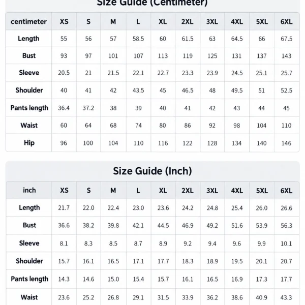 Pajama short set size chart — top and shorts (XS–6XL) in inches and cm — MyDogPics