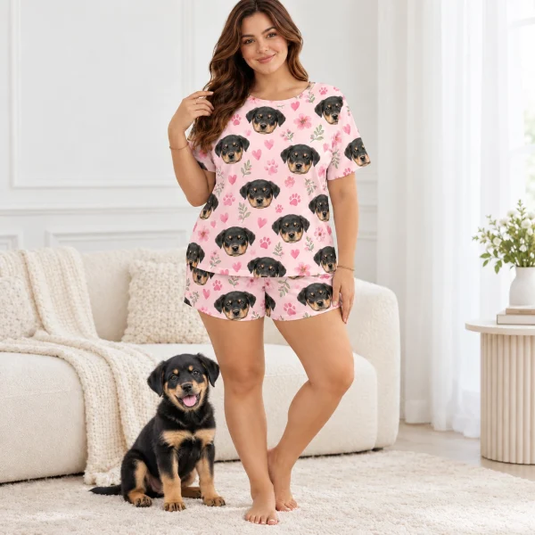 Woman in a pajama short set standing next to her Rottweiler puppy — MyDogPics