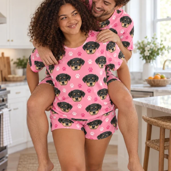 Woman and her partner in matching pajama shorts with Rottweiler puppy faces on pink paw-print fabric — MyDogPics