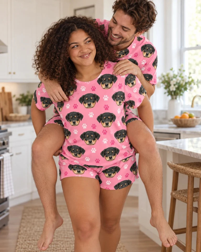 Woman and her partner in matching pajama shorts with Rottweiler puppy faces on pink paw-print fabric — MyDogPics