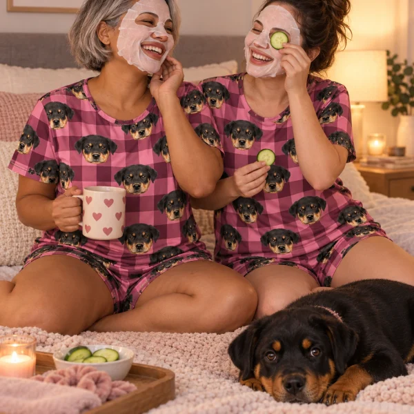 Woman and a friend in matching pajama shorts with Rottweiler puppy faces on pink plaid fabric — MyDogPics