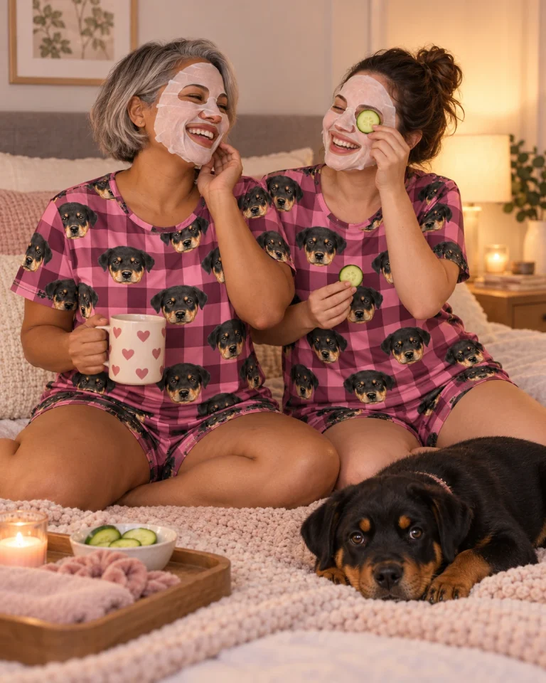 Woman and a friend in matching pajama shorts with Rottweiler puppy faces on pink plaid fabric — MyDogPics