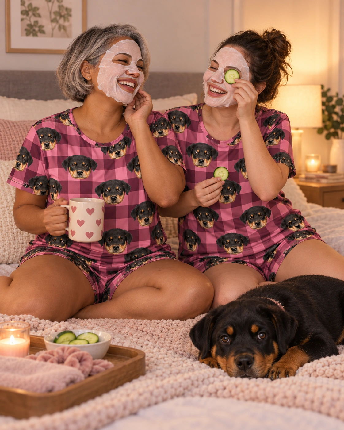 Pajama Shorts – Family, Pink Plaid | MyDogPics Woman and a friend in matching pajama shorts with Rottweiler puppy faces on pink plaid fabric — MyDogPics