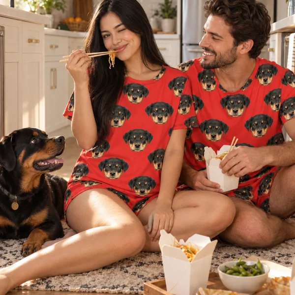 Woman and her partner in matching pajama shorts with Rottweiler puppy faces on red fabric — MyDogPics