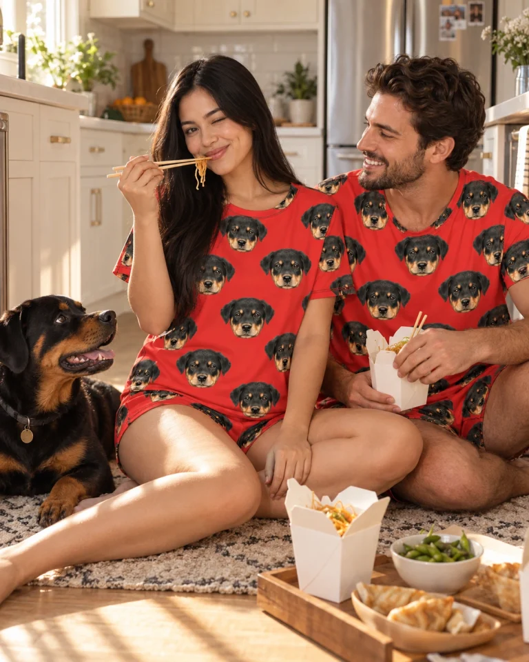 Woman and her partner in matching pajama shorts with Rottweiler puppy faces on red fabric — MyDogPics