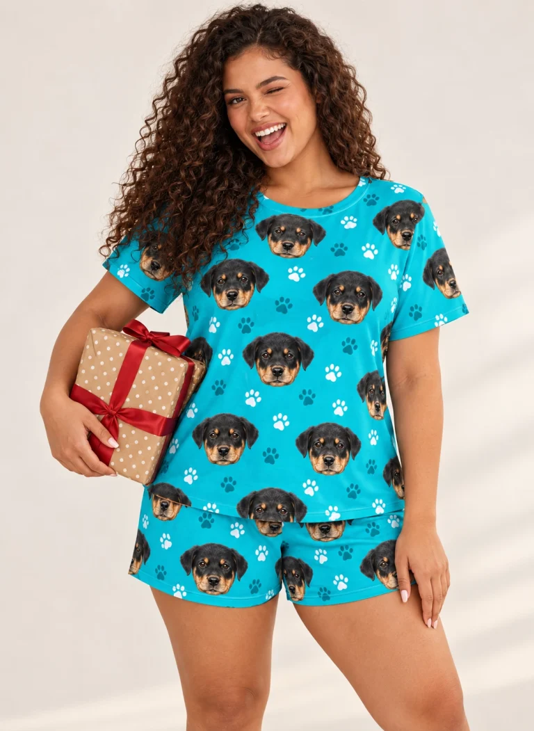 Woman wearing pajama shorts covered in Rottweiler puppy faces on teal paw-print fabric — MyDogPics