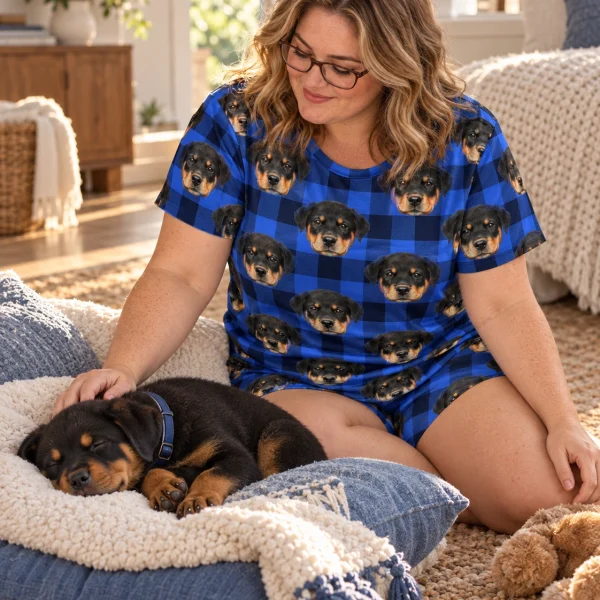 Woman in pajama shorts with her Rottweiler puppy — MyDogPics