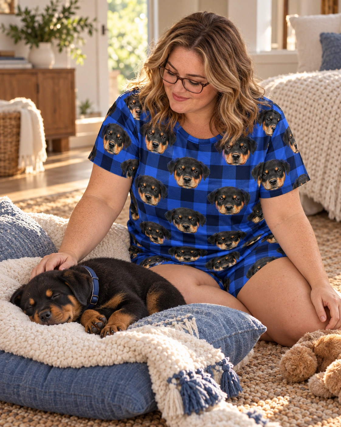 Pajama Shorts – With Dog, Blue Plaid | MyDogPics Woman in pajama shorts with her Rottweiler puppy — MyDogPics