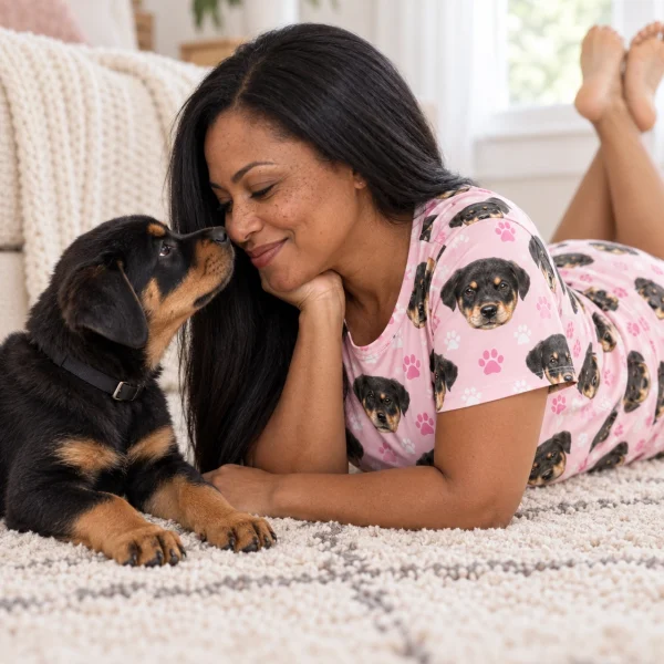 Woman in pajama shorts with her Rottweiler puppy — MyDogPics