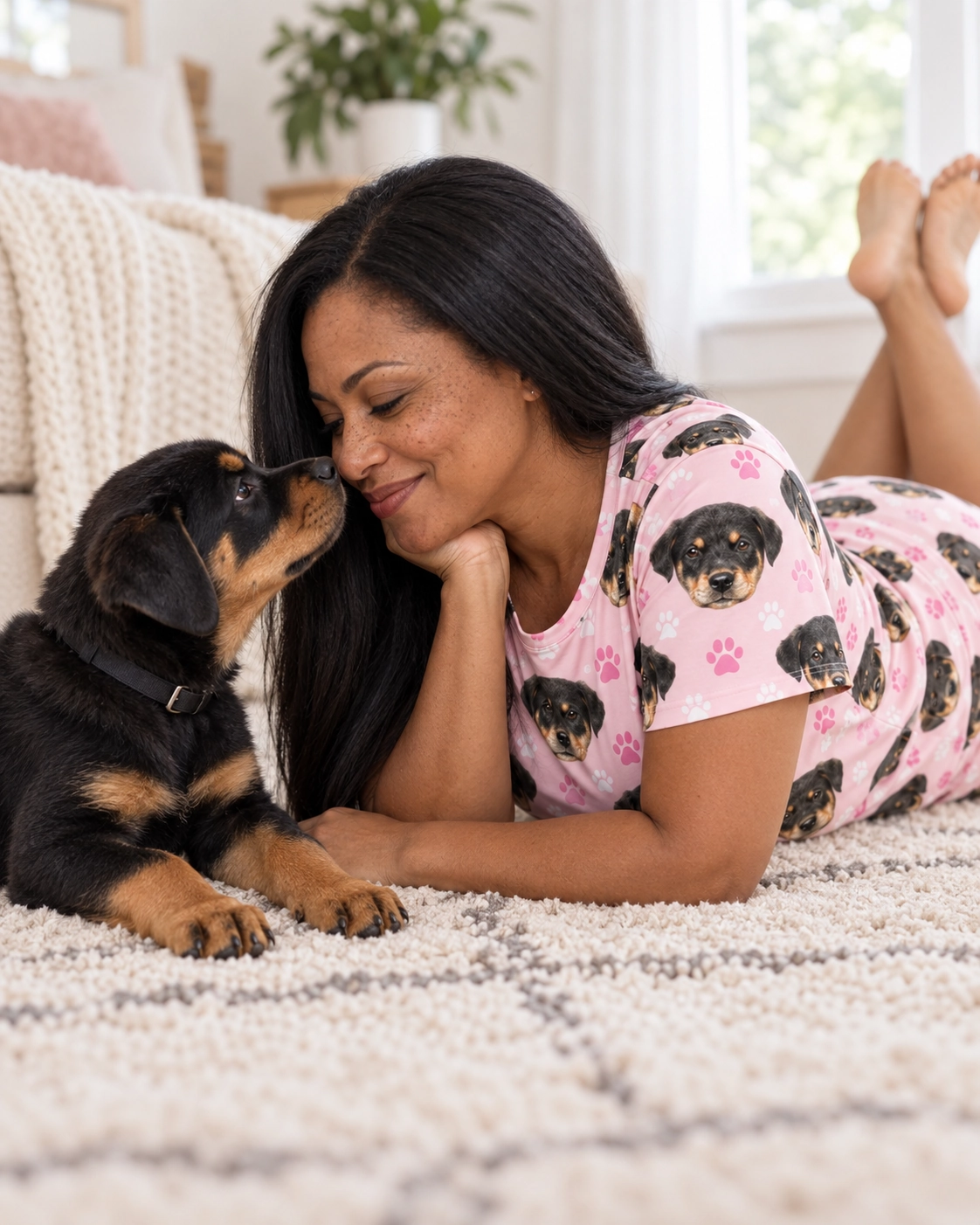 Pajama Shorts – With Dog, Blush Pink Paw-Print | MyDogPics Woman in pajama shorts with her Rottweiler puppy — MyDogPics