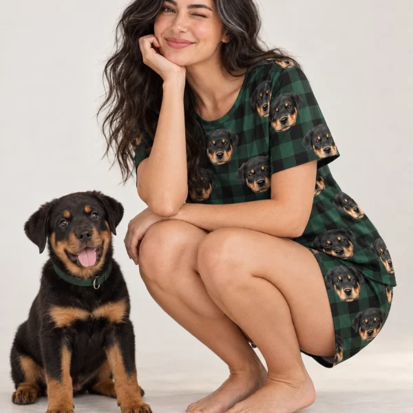 Woman in pajama shorts with her Rottweiler puppy — MyDogPics