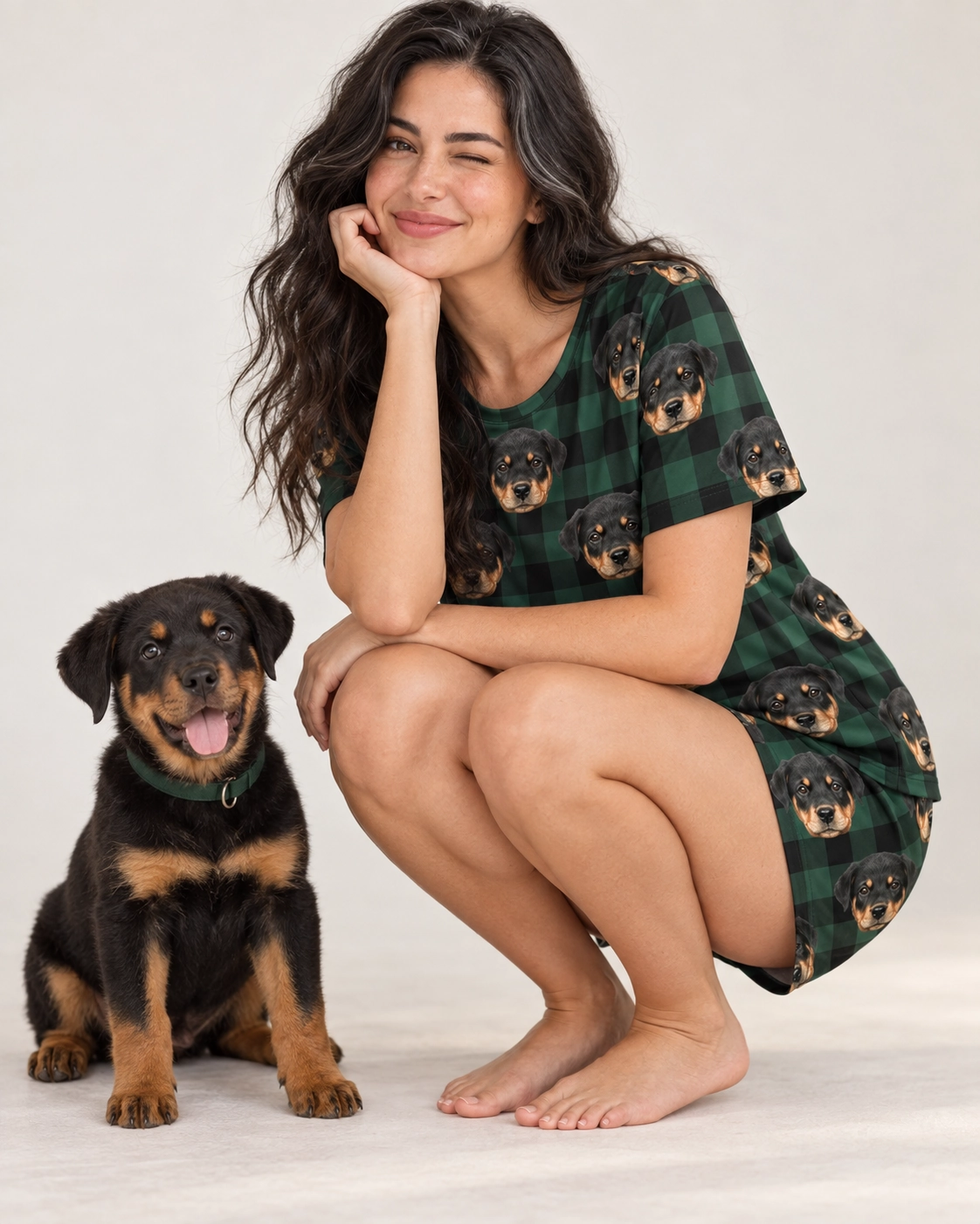 Pajama Shorts – With Dog, Green Plaid | MyDogPics Woman in pajama shorts with her Rottweiler puppy — MyDogPics