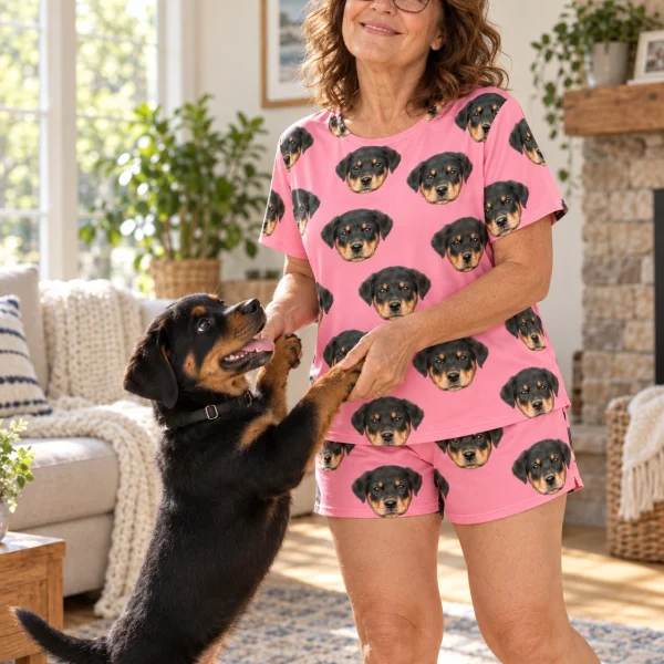 Woman in pajama shorts with her Rottweiler puppy — MyDogPics
