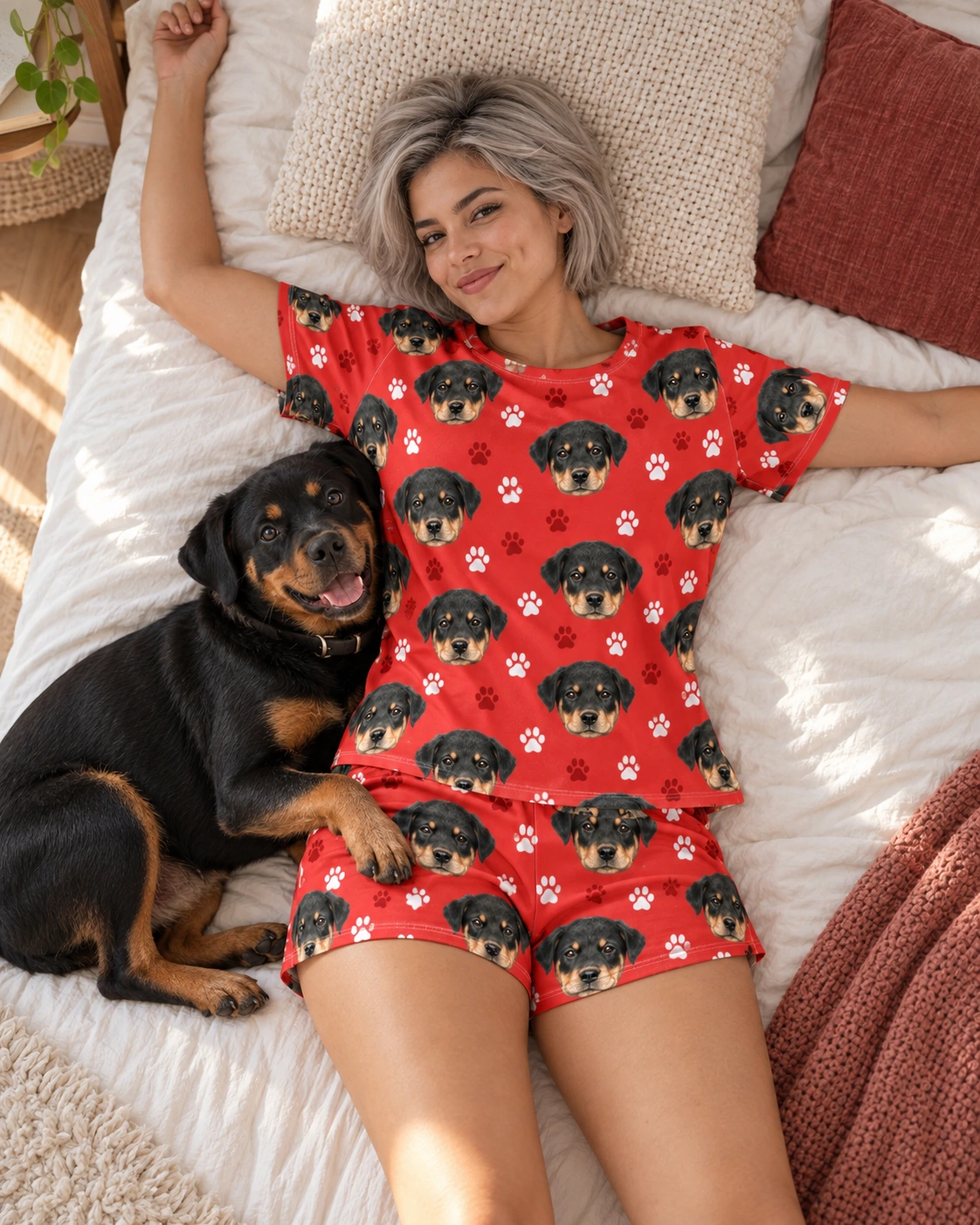 Pajama Shorts – With Dog, Red Paw-Print | MyDogPics Woman in pajama shorts with a Rottweiler — MyDogPics