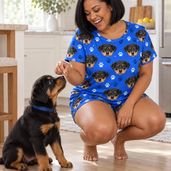 Woman in pajama shorts with her Rottweiler puppy — MyDogPics