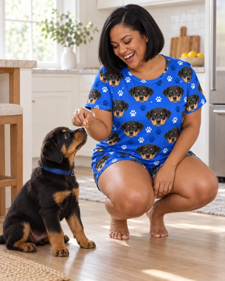 Woman in pajama shorts with her Rottweiler puppy — MyDogPics