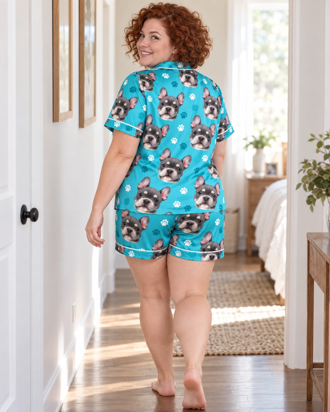 Pajama Shorts Women – Back View, Teal Paw-Print | MyDogPics Back view of a pajama shorts women: the print continues all the way round — MyDogPics