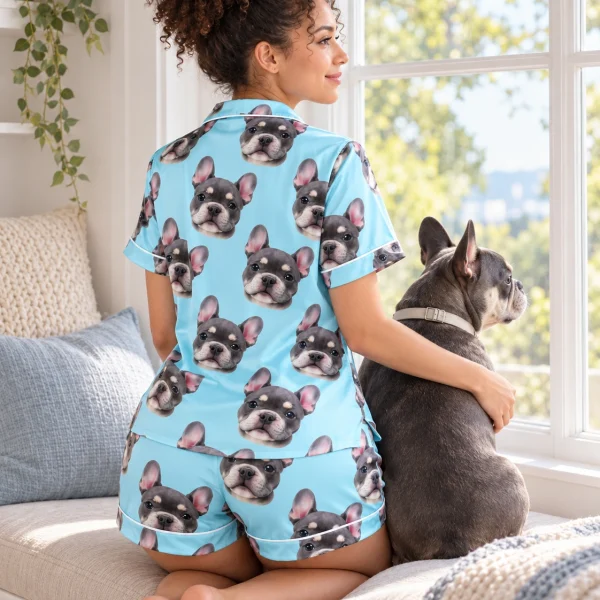 Woman in a pajama shorts women cuddling her French bulldog — MyDogPics
