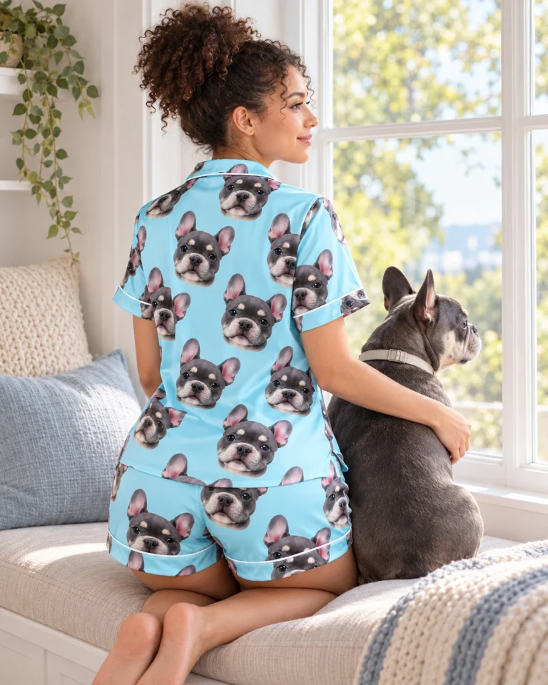 Woman in a pajama shorts women cuddling her French bulldog — MyDogPics