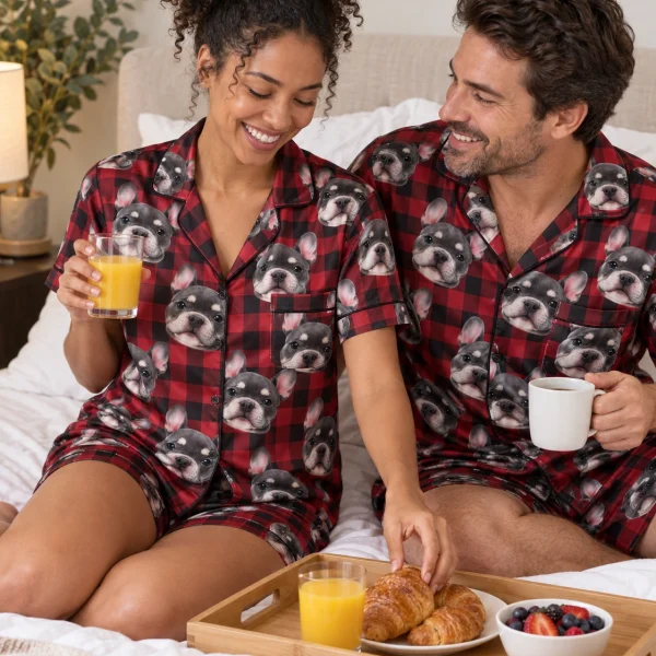 Woman and her partner in matching pajama shorts women with grey French bulldog faces on red plaid satin — MyDogPics