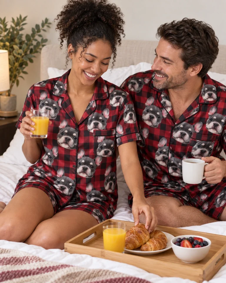 Woman and her partner in matching pajama shorts women with grey French bulldog faces on red plaid satin — MyDogPics