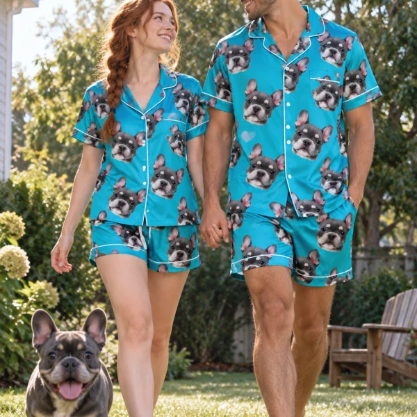 Woman and her partner in matching pajama shorts women with grey French bulldog faces on teal satin — MyDogPics