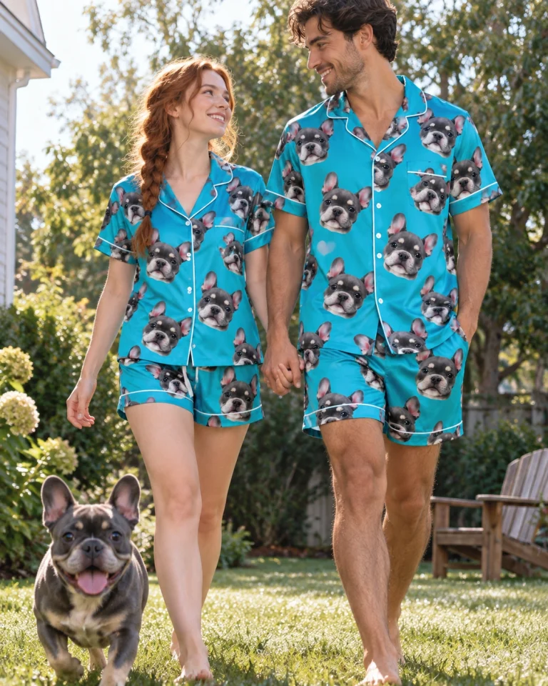 Woman and her partner in matching pajama shorts women with grey French bulldog faces on teal satin — MyDogPics