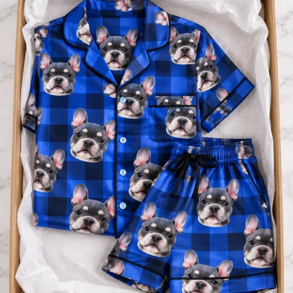 Flat lay of a pajama shorts women: shirt and shorts covered in grey French bulldog faces — MyDogPics