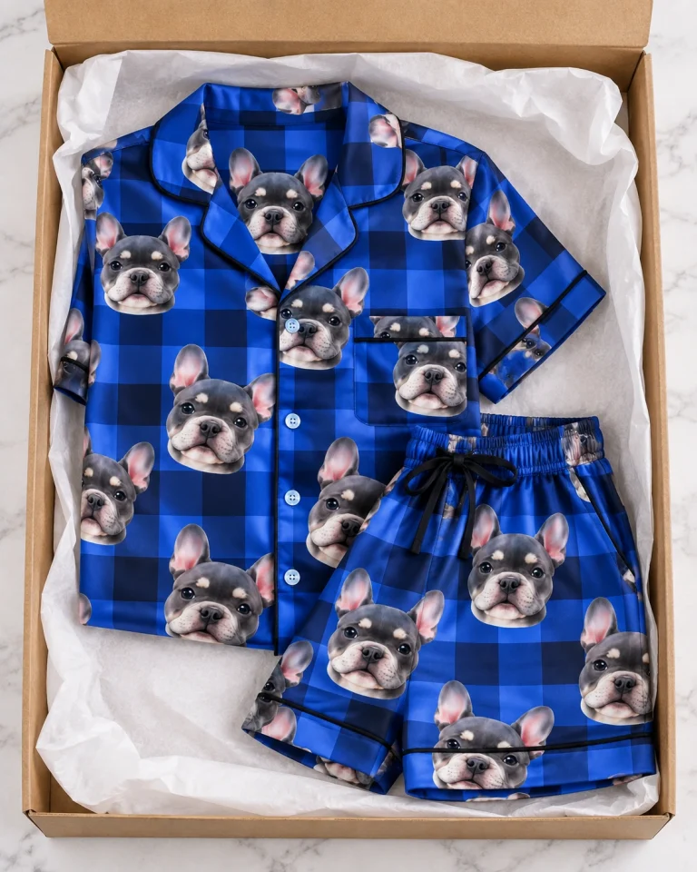 Flat lay of a pajama shorts women: shirt and shorts covered in grey French bulldog faces — MyDogPics