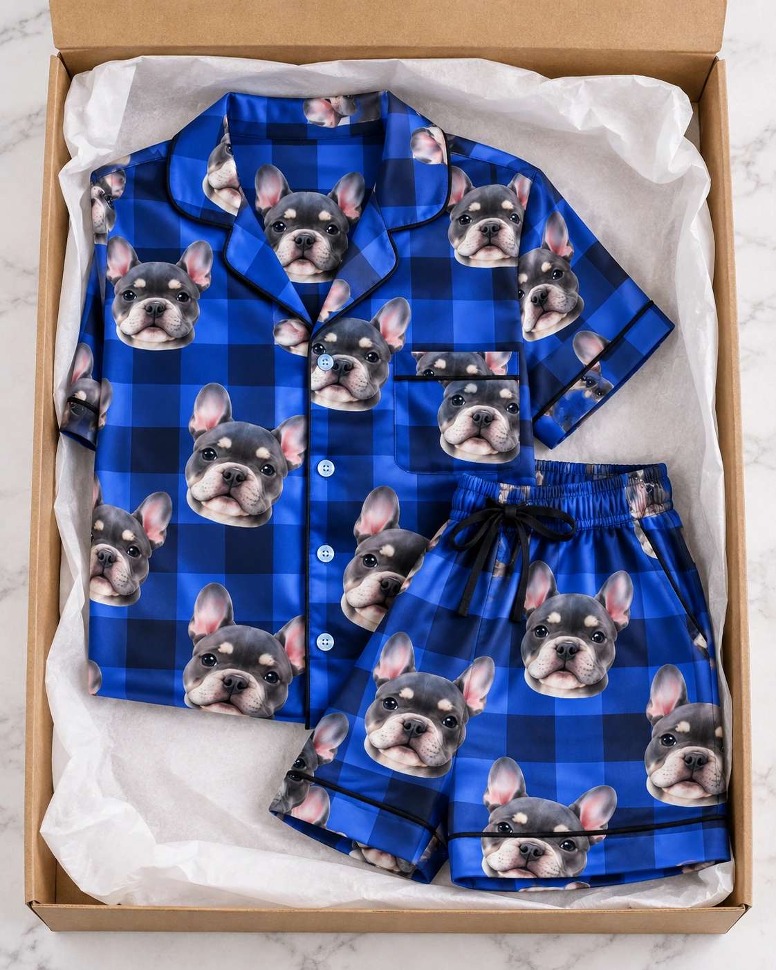 Pajama Shorts Women – Flat Lay, Blue Plaid | MyDogPics Flat lay of a pajama shorts women: shirt and shorts covered in grey French bulldog faces — MyDogPics