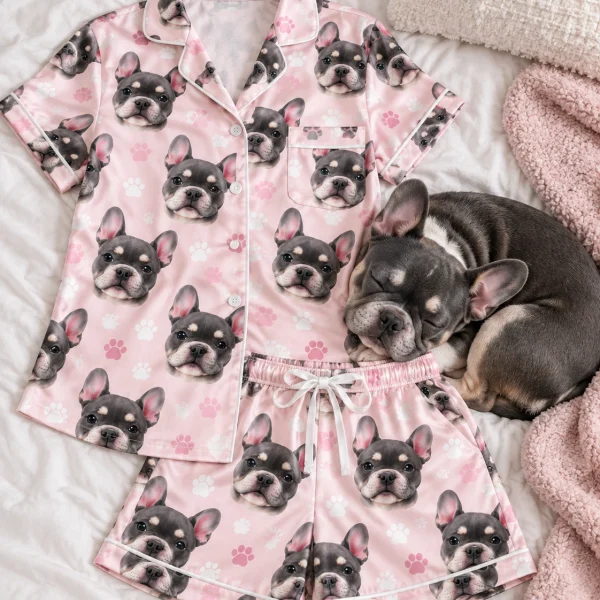 Flat lay of a pajama shorts women: shirt and shorts covered in grey French bulldog faces — MyDogPics