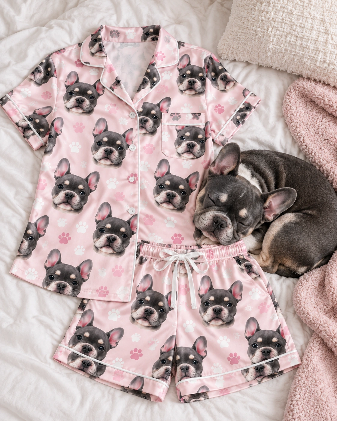 Pajama Shorts Women – Flat Lay, Blush Pink Paw-Print | MyDogPics Flat lay of a pajama shorts women: shirt and shorts covered in grey French bulldog faces — MyDogPics