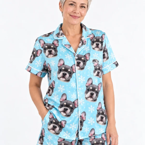 Woman wearing a pajama shorts women covered in grey French bulldog faces on blue snowflake satin — MyDogPics
