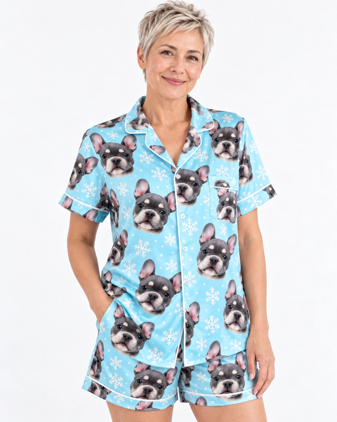 Pajama Shorts Women – Front View, Blue Snowflake | MyDogPics Woman wearing a pajama shorts women covered in grey French bulldog faces on blue snowflake satin — MyDogPics