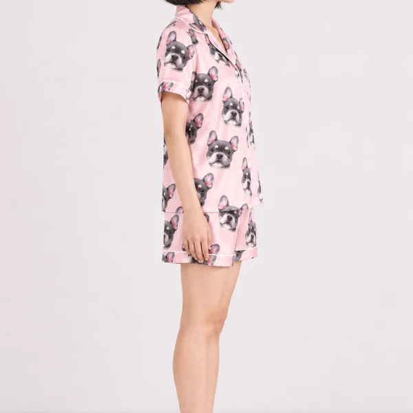 Side view of a pajama shorts women with grey French bulldog faces on blush pink satin — MyDogPics