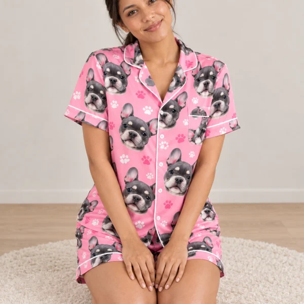 Woman sitting in a pajama shorts women covered in grey French bulldog faces — MyDogPics