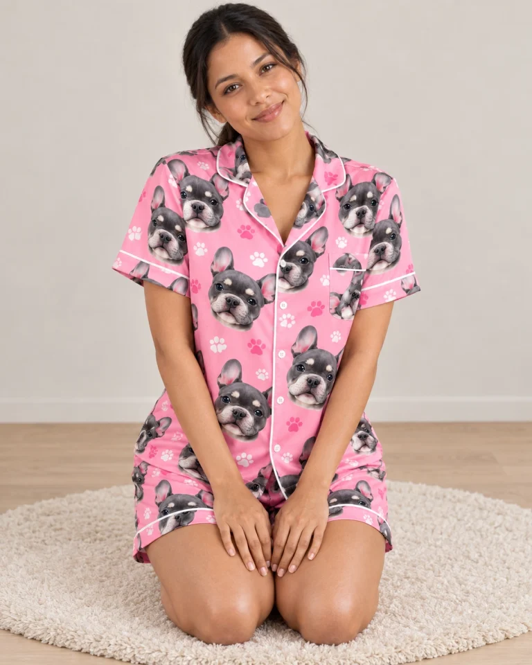 Woman sitting in a pajama shorts women covered in grey French bulldog faces — MyDogPics