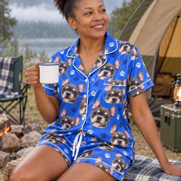 Woman sitting in a pajama shorts women covered in grey French bulldog faces — MyDogPics