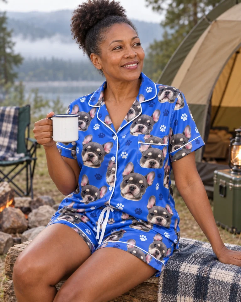 Woman sitting in a pajama shorts women covered in grey French bulldog faces — MyDogPics