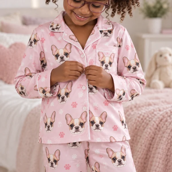 Close-up of the pajamas for kids print: cream French bulldog faces on blush pink paw-print satin — MyDogPics