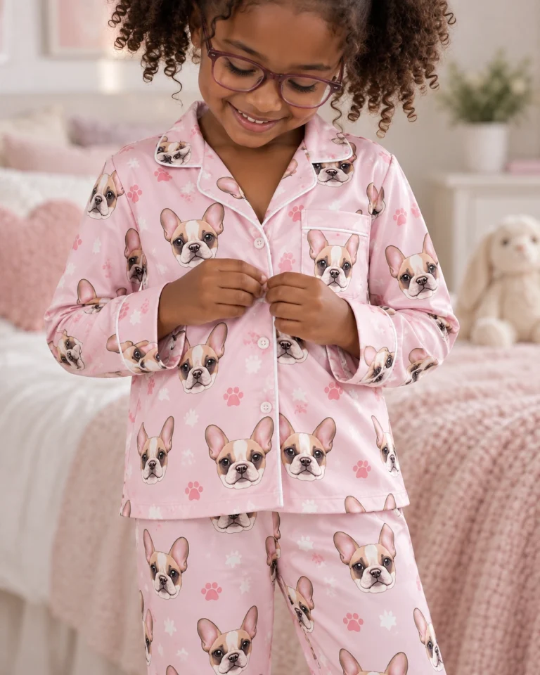 Close-up of the pajamas for kids print: cream French bulldog faces on blush pink paw-print satin — MyDogPics