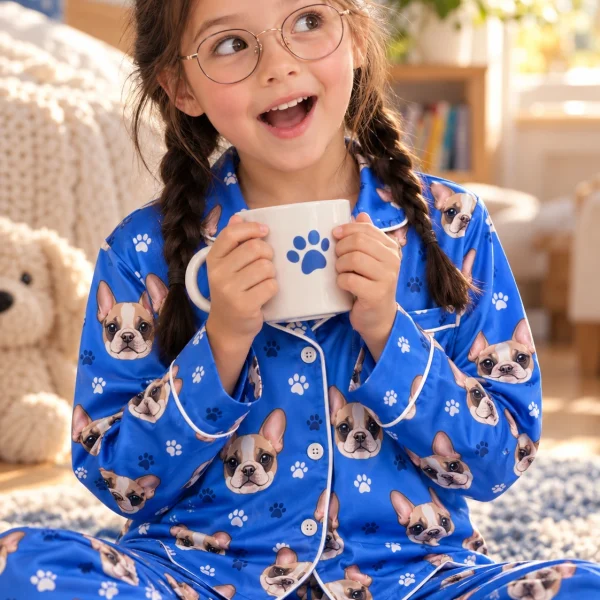 Close-up of the pajamas for kids print: cream French bulldog faces on royal blue paw-print satin — MyDogPics