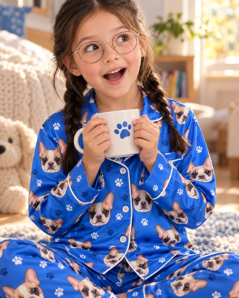 Close-up of the pajamas for kids print: cream French bulldog faces on royal blue paw-print satin — MyDogPics