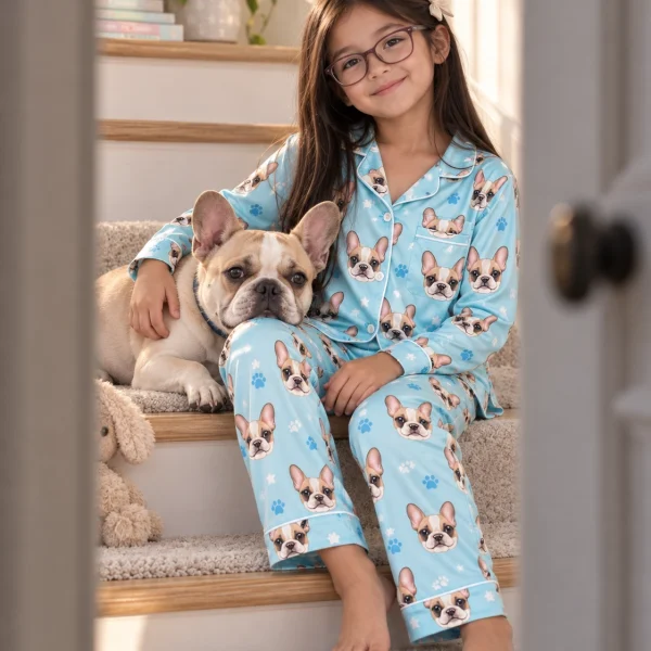 Girl in a pajamas for kids cuddling her French bulldog — MyDogPics
