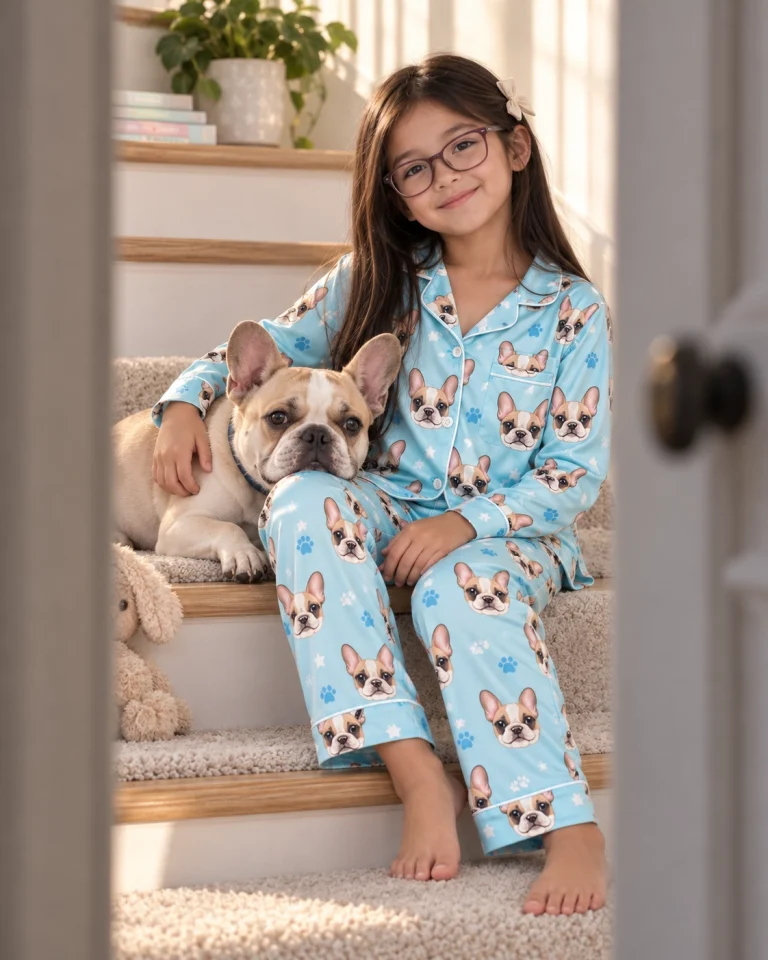 Girl in a pajamas for kids cuddling her French bulldog — MyDogPics