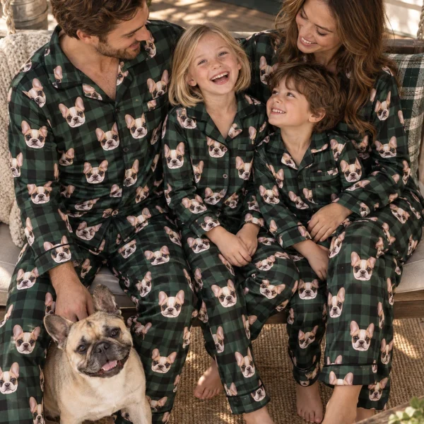 Girl and family in matching pajamas for kids with cream French bulldog faces on green plaid satin — MyDogPics