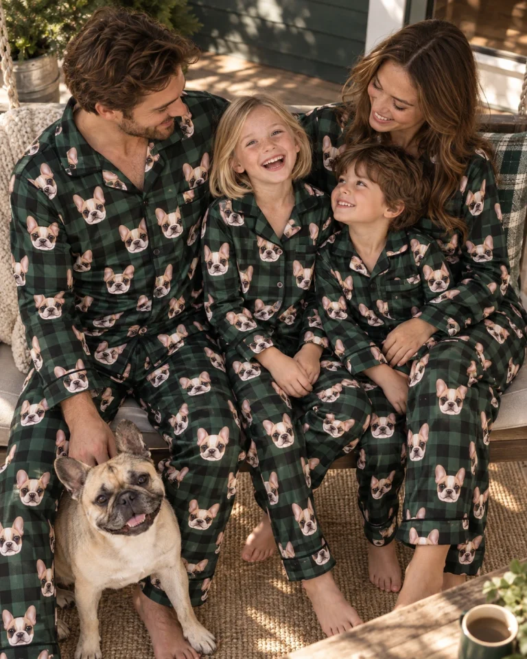 Girl and family in matching pajamas for kids with cream French bulldog faces on green plaid satin — MyDogPics