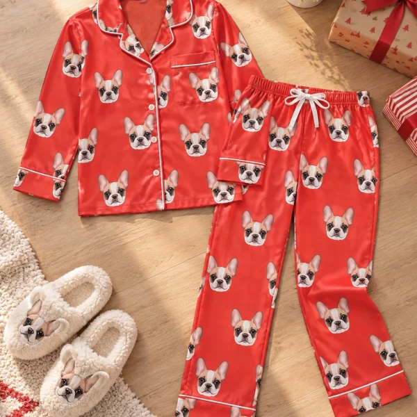 Flat lay of a pajamas for kids: shirt and pants covered in cream French bulldog faces — MyDogPics