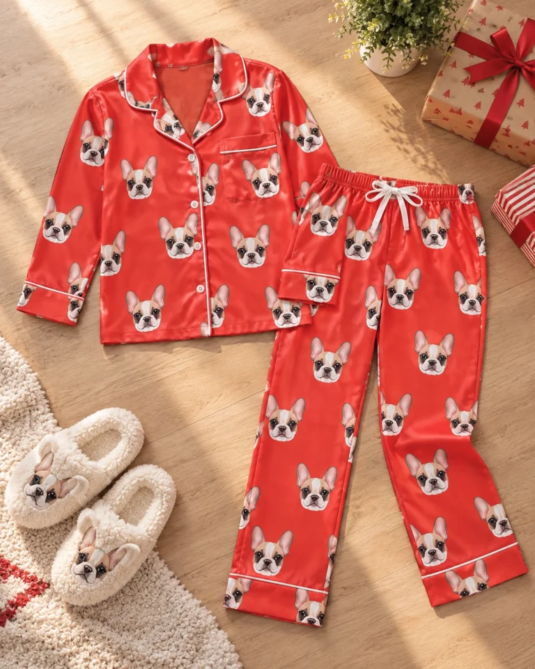 Flat lay of a pajamas for kids: shirt and pants covered in cream French bulldog faces — MyDogPics